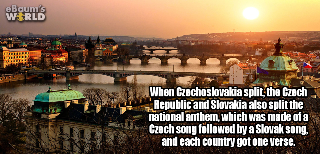 When Czechoslovakia split, the Czech republic and Slovakia also split the national anthem, which was made of a Czech song followed by a Slovak song, and each contry got one verse. 