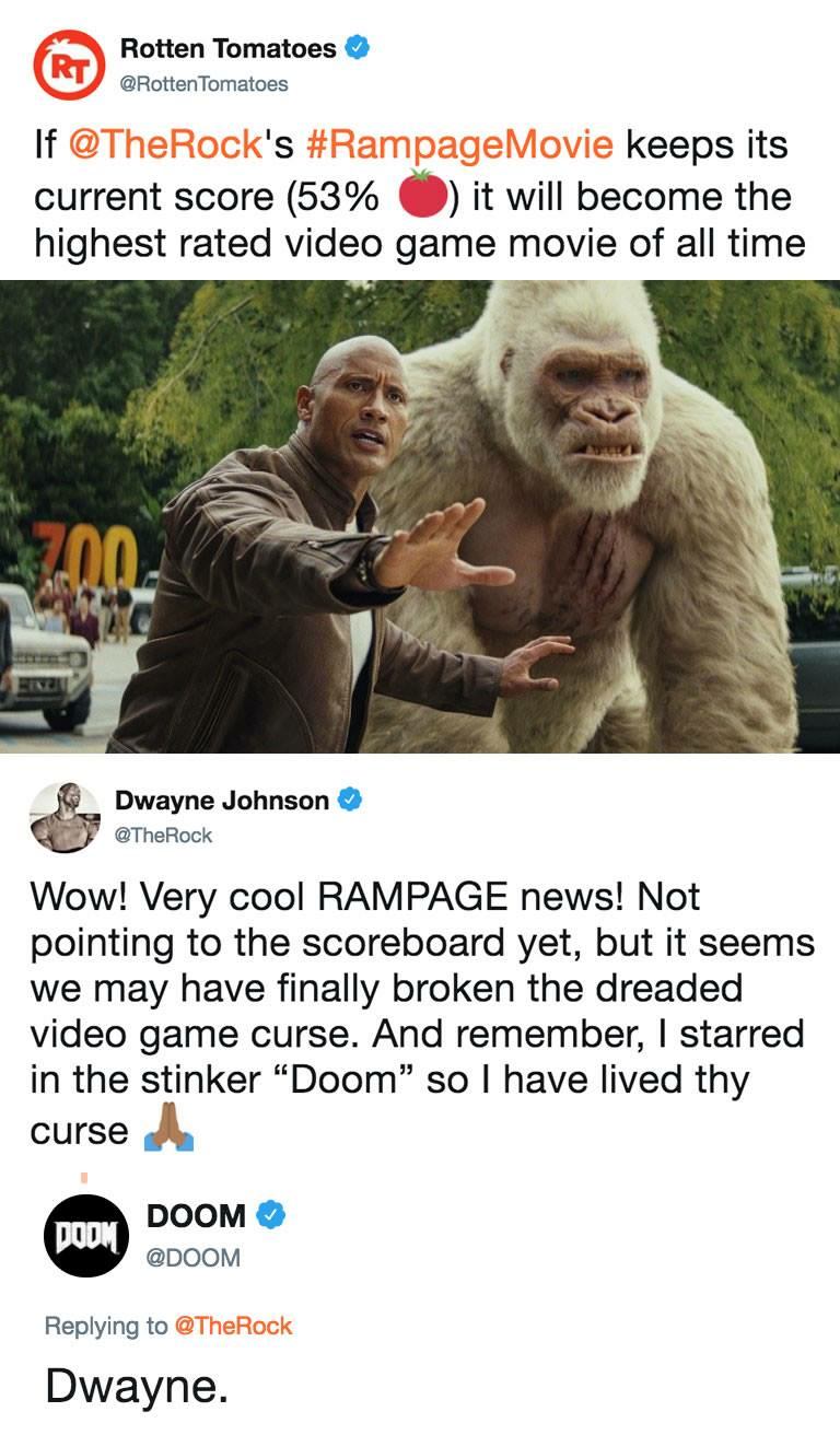 rampage 2018 - Rotten Tomatoes Tomatoes If 's keeps its current score 53% it will become the highest rated video game movie of all time Dwayn Dwayne Johnson Wow! Very cool Rampage news! Not pointing to the scoreboard yet, but it seems we may have finally 