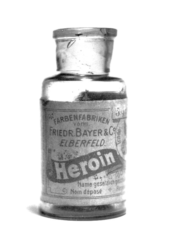 A German bottle of heroin sold by the company Bayer (which is still a major company making drugs). It would be sold in pharmacies in the late 1800s.