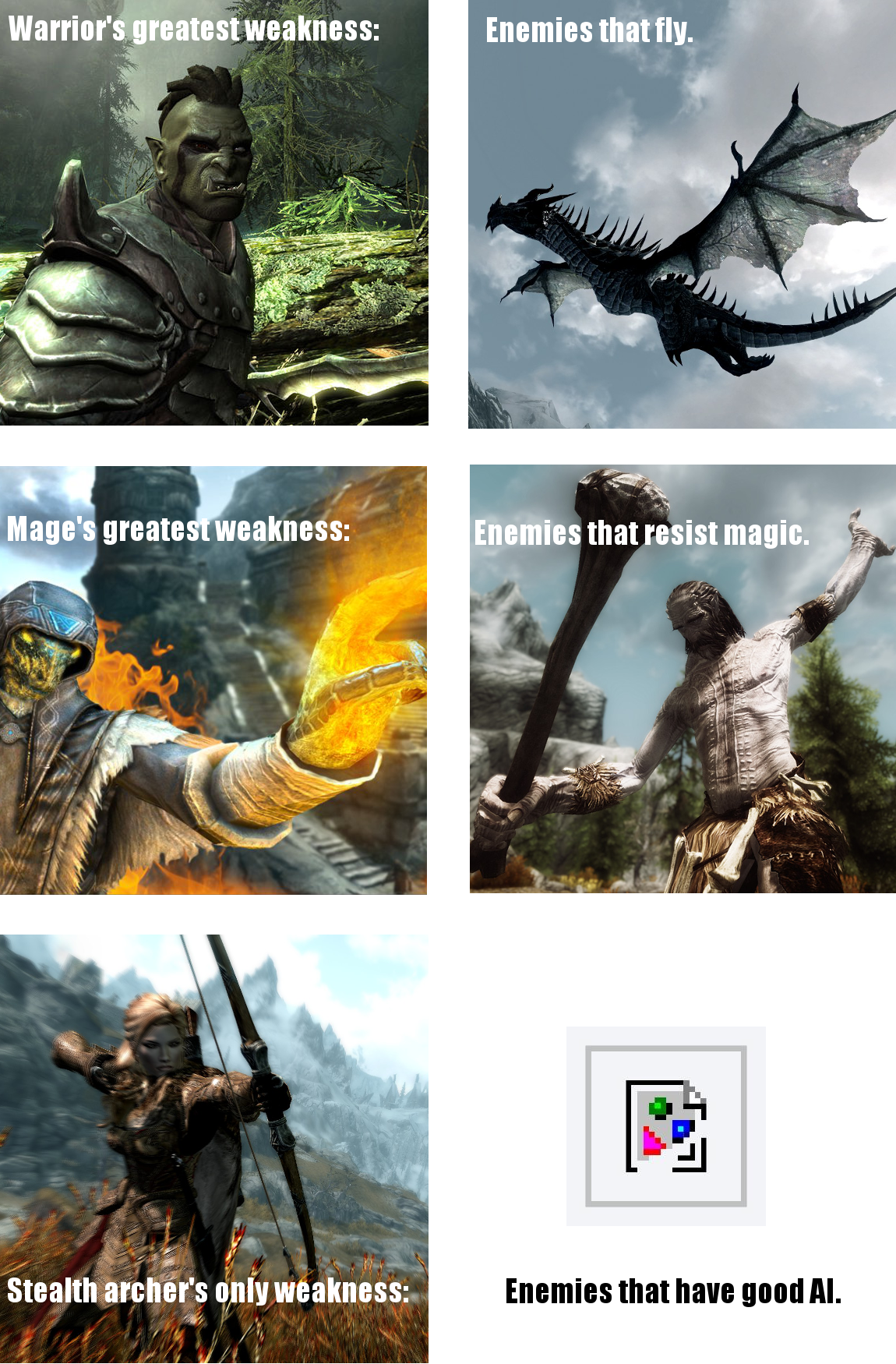 skyrim classes - Warrior's greatest weakness Enemies that fly. Mage's greatest weakness Enemies that resist magic. Stealth archer's only weakness Enemies that have good Ai.