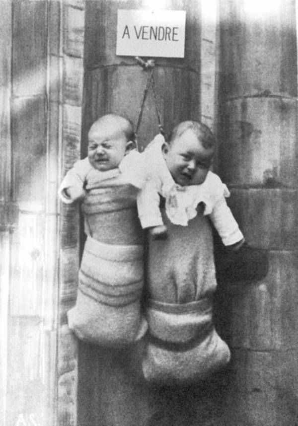 Unwanted babies for sale somewhere in France, 1927.