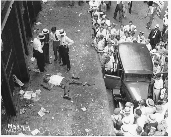 People gather to get a close up look at a man who jumped to his death off a building in NYC, US in 1929. Note: This picture and others like it helped fuel the myth of numerous suicides immediately after the stock market collapse, but in fact most of those suicides had nothing to do with that.