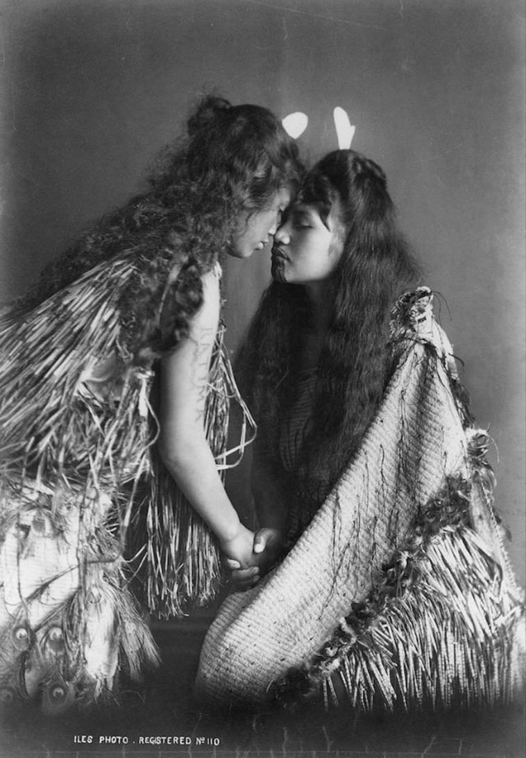 Maori women do a traditional greeting in New Zealand, 1905.