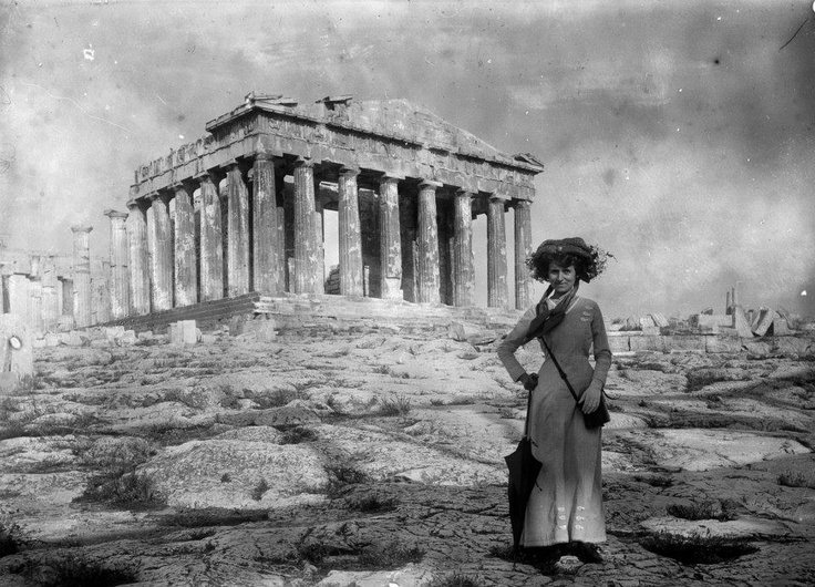 A tourist in front of the Parthenon in Athens, Greece in 1905.