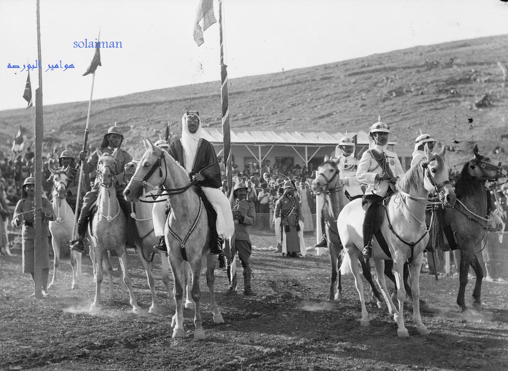 Cavalry soldiers meet for a military parade with King Saud (front left) in Saudi Arabia, 1930.