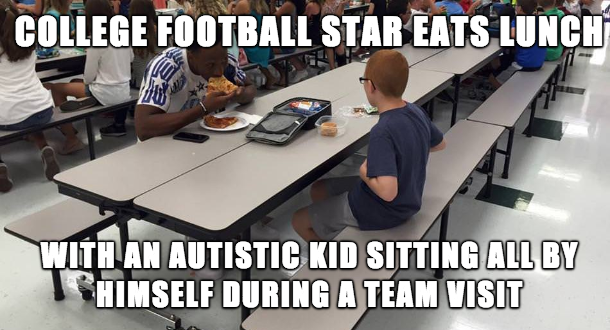 When a few Florida State football players were visiting a middle school, wide receiver Travis Rudolph noticed a boy eating alone and joined him unprompted. Rudolph now plays for the New York Giants and has remained in touch with the boy and his mother.