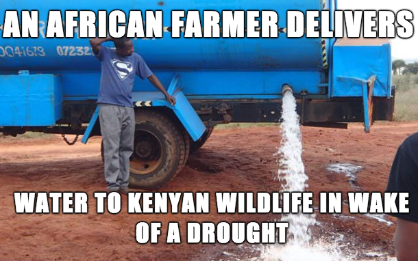 Patrick Kilonzo Mwala drove 28 miles out of his way, four times a week to deliver over 3,000 gallons of water (each visit) to a watering hole which supports local wildlife. Each trip costs him over $300 dollars but fortunately it's now covered in donations.