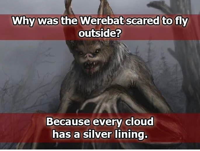 memes - dnd jokes - Why was the Werebat scared to fly outside? Because every cloud has a silver lining.