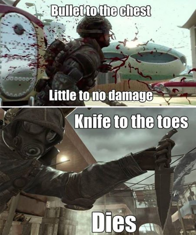 video game memes cod - Bullet to the chest Gudogo Little to no damage Knife to the toes Dies