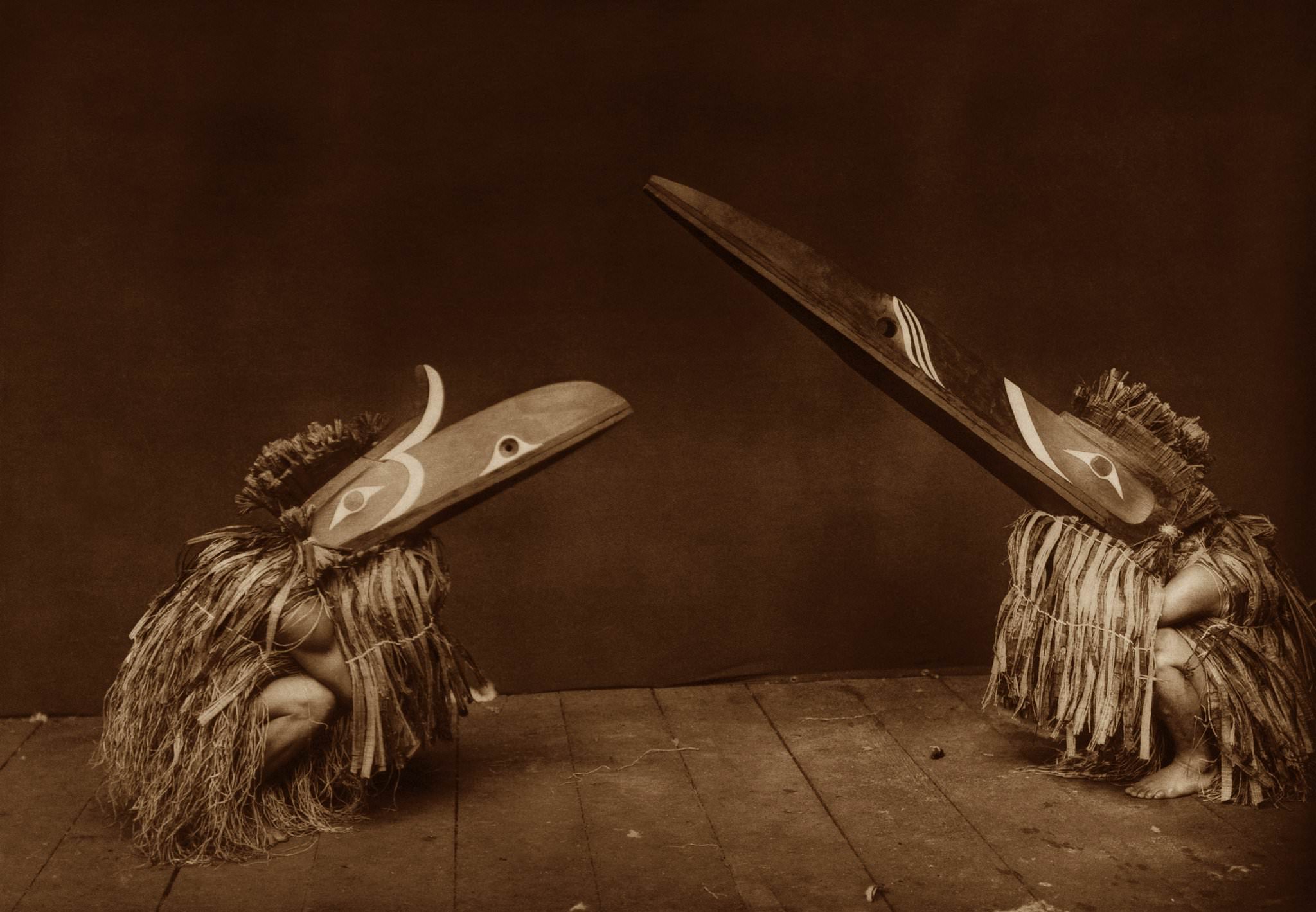 Native Americans dress as mythical birds in British Columbia, Canada in 1914.
