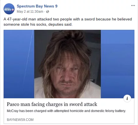 adventures of florida man - Spectrum Bay News 9 News May 2 at am. A 47yearold man attacked two people with a sword because he believed someone stole his socks, deputies said. Pasco man facing charges in sword attack McCray has been charged with attempted 