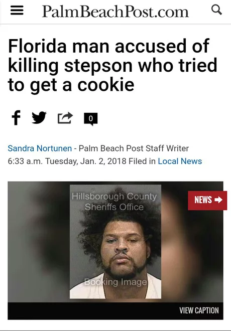 funny florida crimes - Palm Beach Post.com Q Florida man accused of killing stepson who tried to get a cookie Sandra Nortunen Palm Beach Post Staff Writer a.m. Tuesday, Jan. 2, 2018 Filed in Local News Hillsborough County Sheriffs Office News Booking Imag