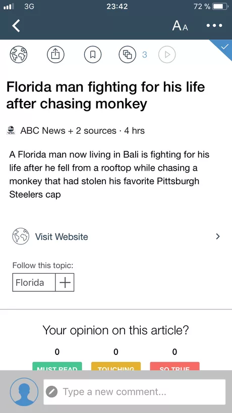 screenshot - ... 36 72% ... Aa Florida man fighting for his life after chasing monkey Abc News 2 sources 4 hrs A Florida man now living in Bali is fighting for his life after he fell from a rooftop while chasing a monkey that had stolen his favorite Pitts