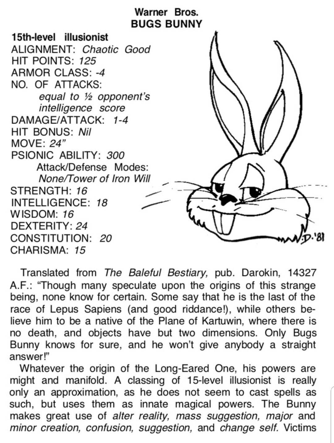Shocking Reveal Of The Day- Bugs Bunny Is An Advanced Dungeons And Dragons Character