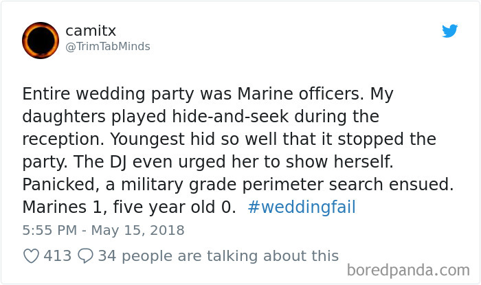 worst first dates - camitx TabMinds Entire wedding party was Marine officers. My daughters played hideandseek during the reception. Youngest hid so well that it stopped the party. The Dj even urged her to show herself. Panicked, a military grade perimeter