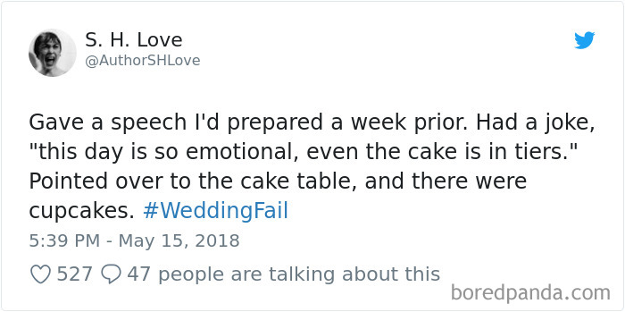 S. H. Love Gave a speech I'd prepared a week prior. Had a joke, "this day is so emotional, even the cake is in tiers." Pointed over to the cake table, and there were cupcakes. Fail 527 boredpanda.com