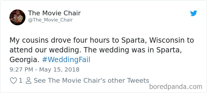 document - The Movie Chair My cousins drove four hours to Sparta, Wisconsin to attend our wedding. The wedding was in Sparta, Georgia. Fail 1 8 See The Movie Chair's other Tweets boredpanda.com