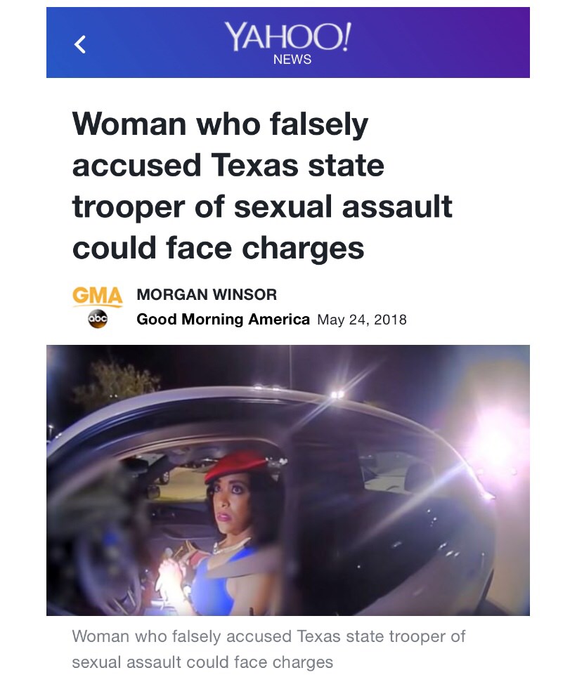 A Texas woman could face charges for falsely accusing a state trooper of sexual assault who had arrested her for drunk driving, authorities said. Sherita Dixon-Cole, 37, of Grapevine, Texas, was stopped in her white Chevrolet Malibu early Sunday morning by Texas Department of Public Safety officer Daniel Hubbard, who said in an affidavit that her driving was "erratic and unsafe for the roadway" and it took "several miles" to pull over the vehicle. Hubbard said he administered multiple field sobriety tests and found what he believes was vodka in two open containers in the backseat and a cup in the driver's seat of Dixon-Cole's car. Hubbard then arrested Dixon-Cole for driving while intoxicated and transported her to Ellis County Jail in Waxahachie, Texas, according to the affidavit obtained by ABC News. The following day, Dallas-based civil rights attorney Lee Merritt released a statement revealing Dixon-Cole's startling allegations. She claimed Hubbard repeatedly told her she could be released in exchange for sexual favors. When she told him no, she claimed the highway patrol trooper sexually assaulted her outside and inside of his police cruiser during a prolonged arrest, Merritt said in the statement Monday. Dixon-Cole was released from jail Sunday night after her family posted the required bond, according to Merritt. Her story was quickly picked up by multiple news outlets and widely shared on social media.