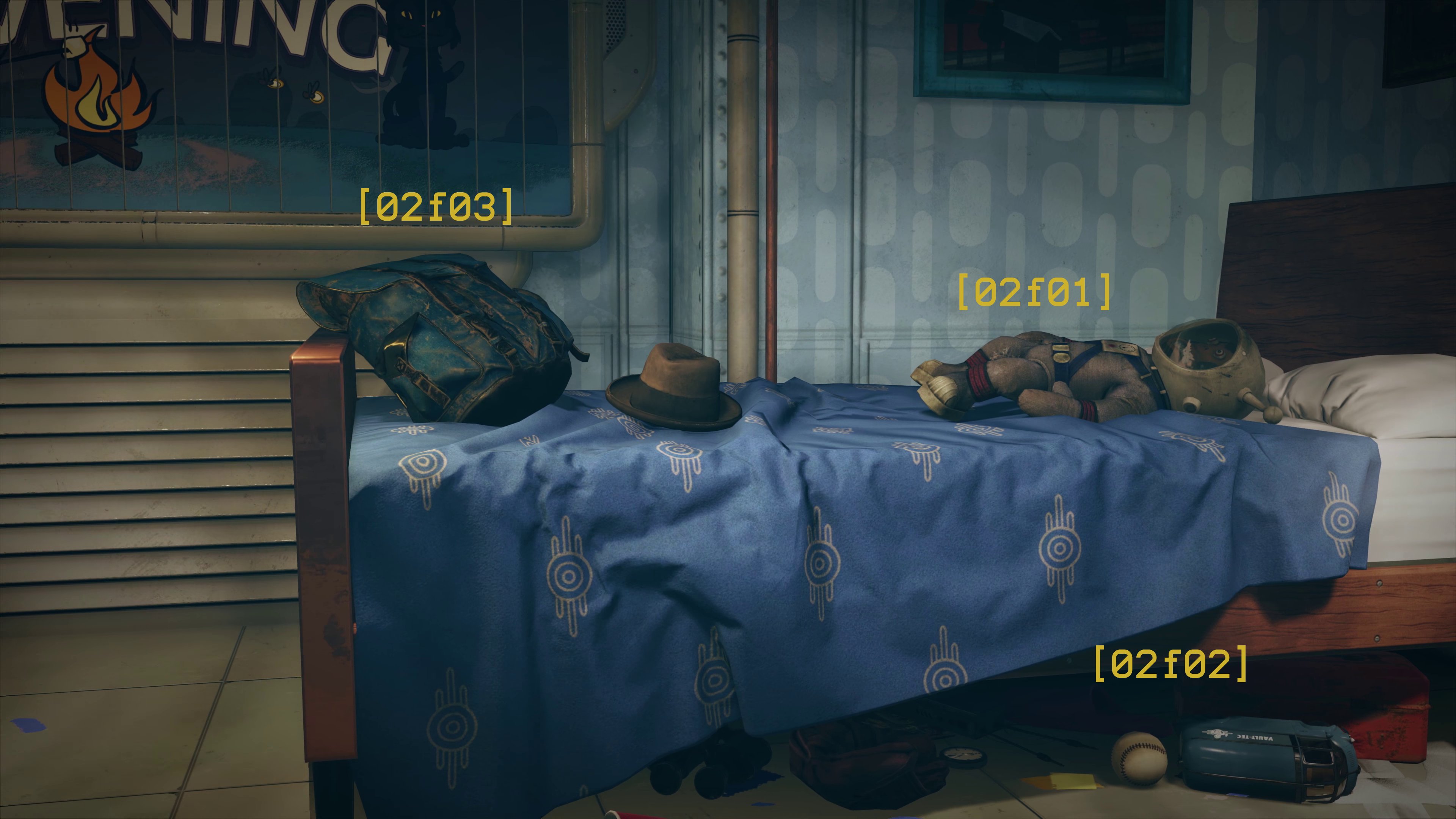 [Screenshot 02] Findings: - [02f01] - An aged Jangles the Moon Monkey toy lay on the bed in the protagonist's room. - [02f02] - An assortment of items, including a tool box, a toy car, a pair of binoculars, a baseball glove, a baseball ball and a compass lay underneath the bed in the protagonist's room.- [02f03] - A weathered backpack lay on top of the bed in the protagonist's room. Other pertinent info: - [02i01] - Some people on the web, have likened the hat on the bed to that of the Mysterious Stranger. Conclusions: - [02c01_f01/f02] - The assortment of items would appear to indicate that the room belongs, or used to belong, to a child. - [02c02_f03] - The state of the backpack may indicate that it has seen its fair share of travel into the wasteland. Regular wear and tear of such magnitude, stemming solely from prolonged in-vault use appears unlikely, given the pristine state of many other items within Vault 76.