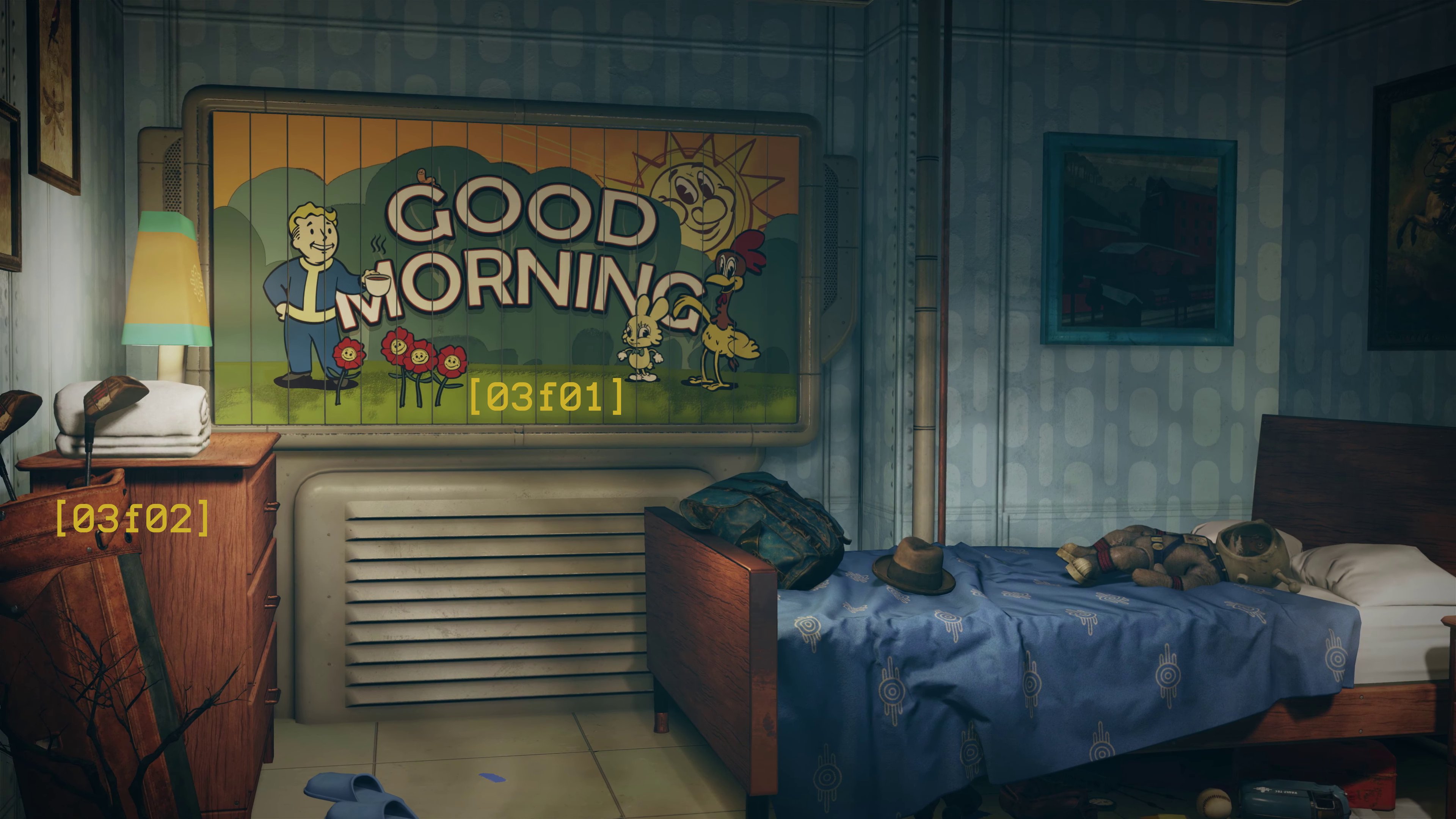 [Screenshot 03] Findings: - [03f01] - A moving cartoonish mural, indicating the time of day, is affixed to the wall in the protagonist's room. - [03f02] - A set of golf clubs lay against one of the walls in the protagonist's room. Other pertinent info: - Conclusions: - [03c01_f01] - The cartoonish mural further supports the supposition that the room belong, or used to belong, to a child. - [03c02_f02] - [SUSPECT INFO WARNING] The set of golf clubs may give a small amount of credibility to the following unverified posts, https://i.imgur.com/qQGqBdb.png, which state that firearms will take a backseat to melee weapons in the game's combat system. This conclusion, if correct, can then be used to further support the theory that Vault 76 was originally occupied by teenagers, as it is rather unlikely that firearms would have been issued for minors.