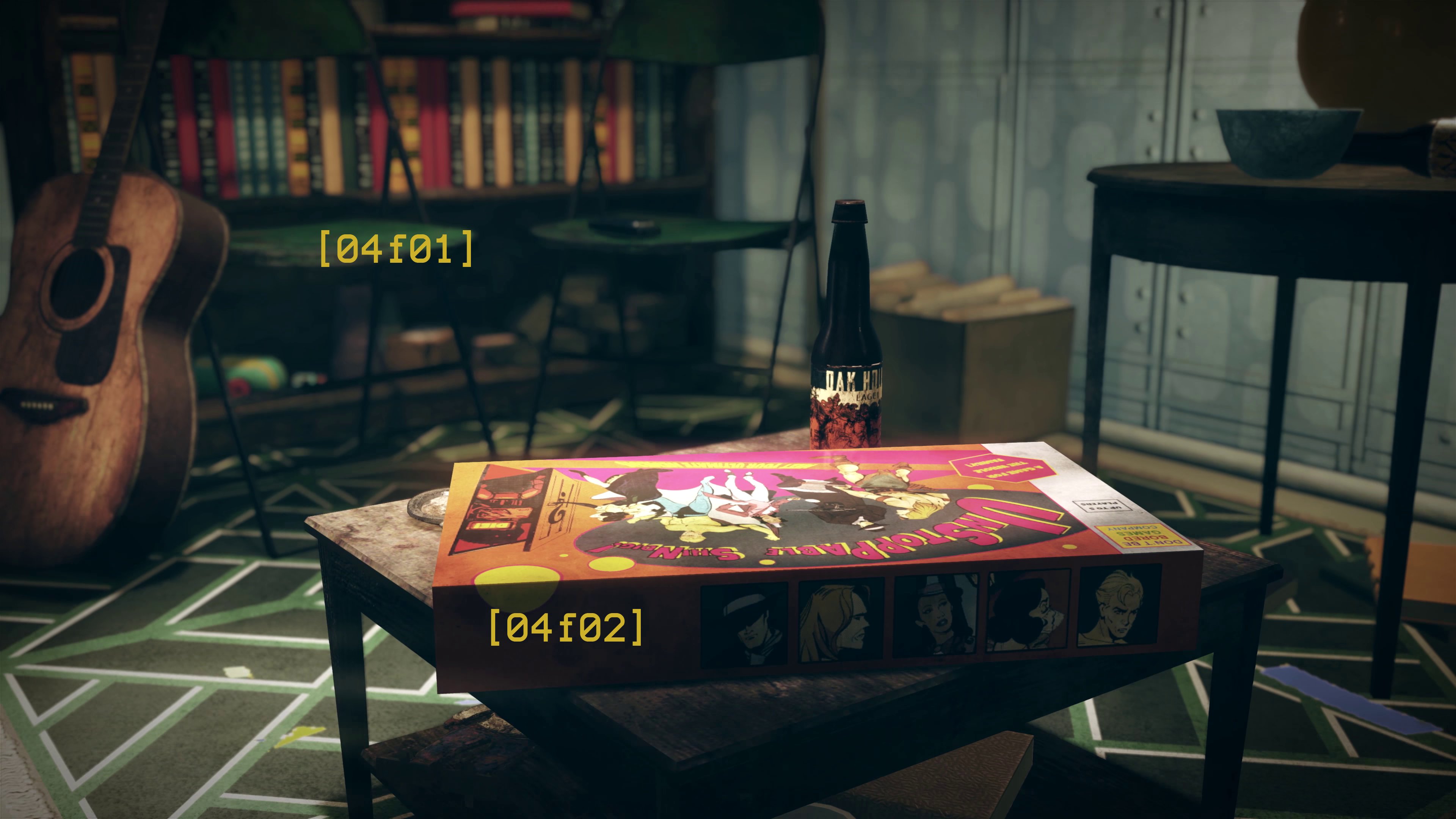 [Screenshot 04] Findings: - [04f01] - Two chairs lay near a bookshelf in the protagonist's room- one holding a harmonica, the other-supporting an acoustic guitar. - [04f02] - A board game called Unstoppable Shindig! lay on top of a coffee table in the protagonist's room. The game's box claim it to be made for the whole family, allowing up to 5 players to play at once. Other pertinent info: - Conclusions: - [04c01_f01/f02] - The presence of two chairs, two musical instruments and a family board game, may indicate the past, or potentially present, presence of at least one other character within Vault 76, besides the protagonist. This could potentially be an allusion to the purported co-op or even multiplayer nature of the game.