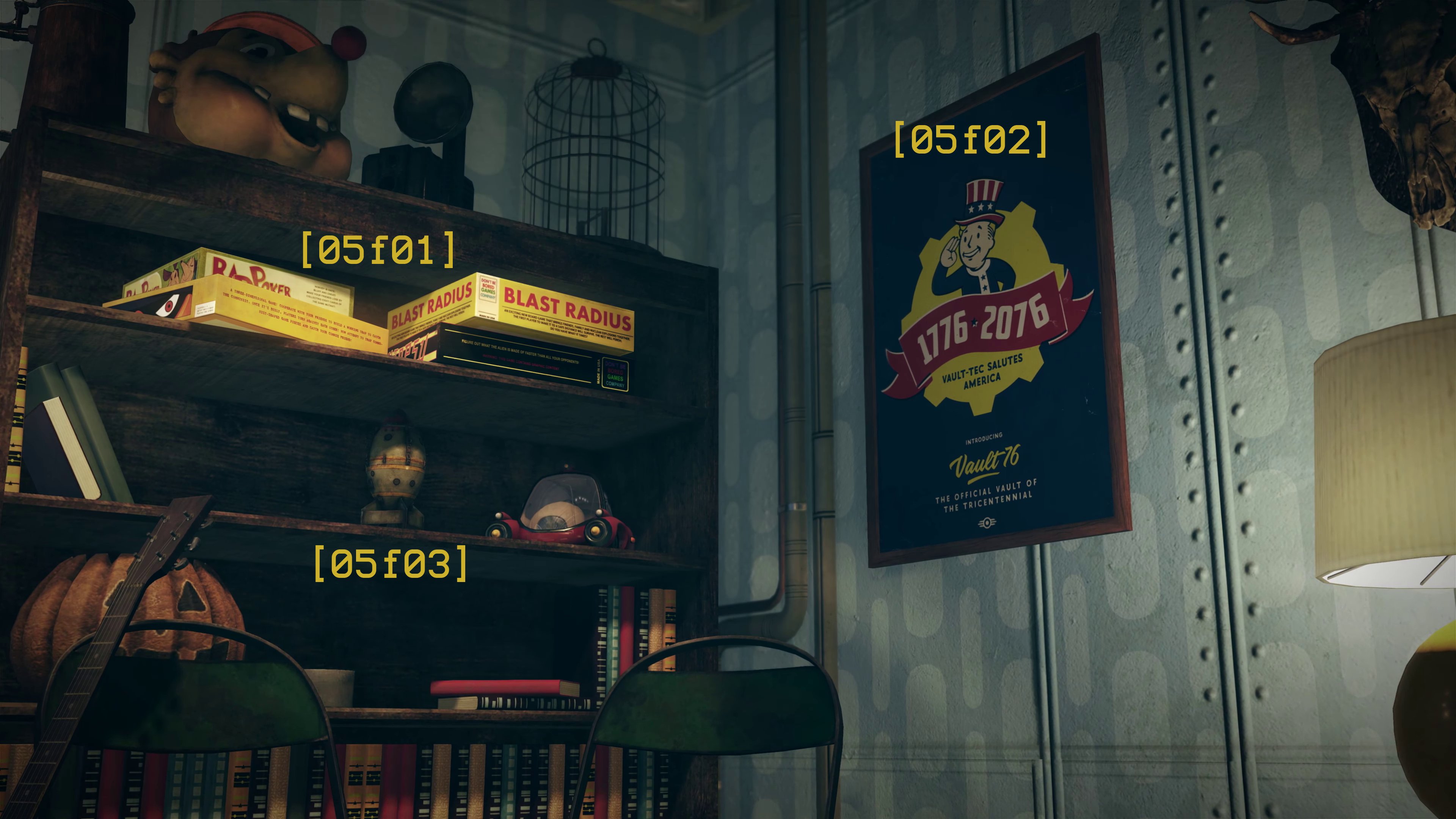 [Screenshot 05] Findings: - [05f01] - An assortment of board games lay on the bookshelf in the protagonist's room. - [05f02] - A US tercentenary celebration poster hangs off a wall in the protagonist's room. - [05f03] - A Mini-Nuke lay on the bookshelf in the protagonist's room. Other pertinent info: - [05i01] - Both in real life and in the world of Fallout, the United States of America gained independence from the British Empire in 1776, hence the tercentenary celebration in 2076 and the number given to the Vault- 76. Conclusions: - [05c01_f01] - The assortment of board games further strengthens the theory regarding the past, or potentially present, presence of at least one other character within Vault 76, besides the protagonist. - [05c02_f03] - The presence of a weathered Mini-Nuke further strengthens the theory that the protagonist may have partaken in previous trips to the wasteland, prior to the events of the trailer.