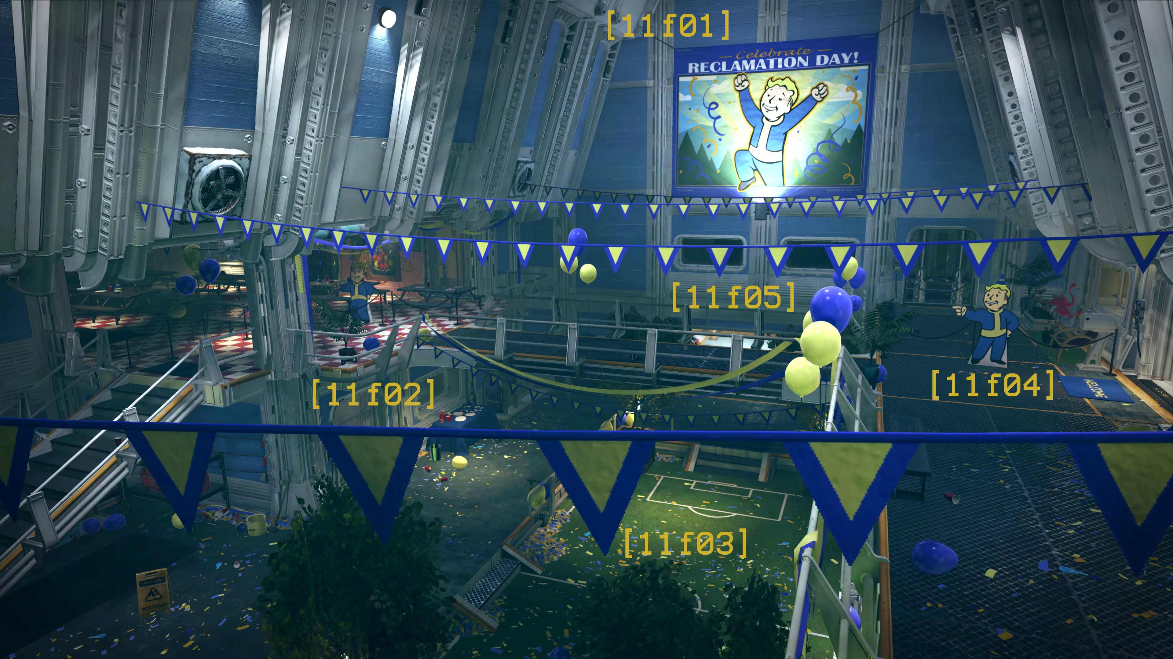 [Screenshot 11] Findings: - [11f01] - A giant poster with the words Celebrate Reclamation Day! and an image of an elated Vault Boy leaving a vault, hangs over Vault 76's main hall. - [11f02] - There is a large amount of bunting and the ground is littered with confetti. - [11f03] - There is a mini European football field in the middle of the vault hall. - [11f04] - Cardboard Vault Boy cutouts are directing dwellers towards the lower section of the vault hall. - [11f05] - There are balloons strewn about the hall. Other pertinent info: - Conclusions: - [11c01_f02/f05] - Although the scene would indicate that the Reclamation Day party had just ended, it is unclear to me whether or not some time has passed between the departure of the other Vault 76 dwellers and that of the protagonist. It is possible that due to the GameBryo engine's limitations, the scene of a party long-held since, appears as if it had been held only recently. Chief culprits here are the balloons, which should have deflated if a long time had passed, yet the engine may very well be incapable of visualising that, hence the perfectly inflated balloons, possibly years after the party had been held ( to be more precise, I'm thinking 5 years and 4 days after it. ;) ) - [11c02_f03] - The mini European football field may offer yet more evidence as to the tender age of the vault's initial occupants. - [11c02_f04] - Exactly in accordance with the Brotherhood of Steel terminal entry from Fallout 3, a pair of cardboard Vault Boy cutouts appear to be directing dweellers to the lower parts of the hall, and perhaps by extension, the exit.