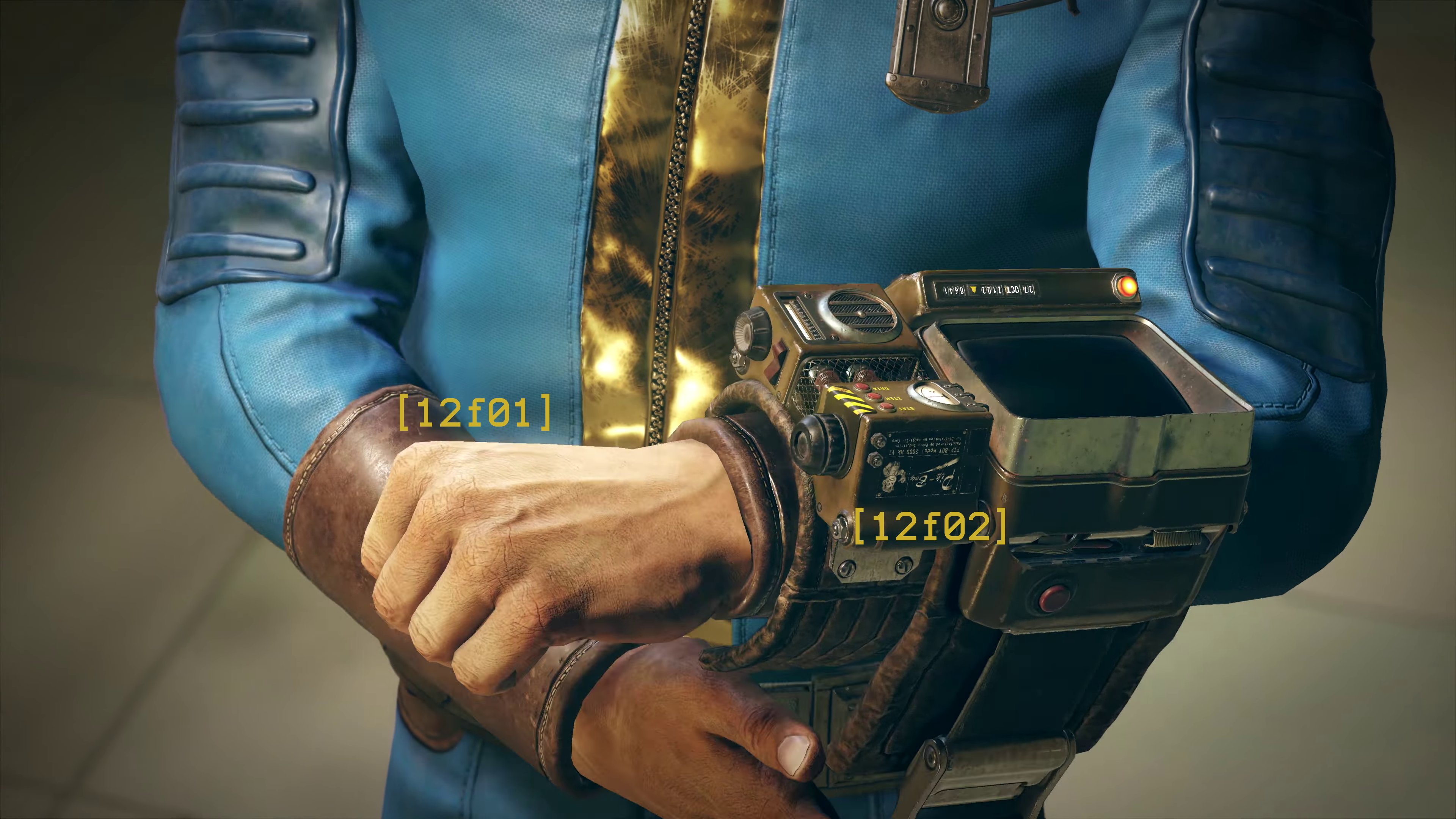 [Screenshot 12] Findings: - [12f01] - The skin on the hands of the protagonist, as well as the overall physique, indicate an adult male. - [12f02] - The Pip-Boy's identification plate lists it as a Pip-Boy 2000 Mk.VI Other pertinent info: - Conclusions: - [12c01_f01] - A male between the age of 30 and 43 would fit the visible skin complexion, and may support further the theory of a child-occupied Vault 76, if they entered it between ages 5 and 18.