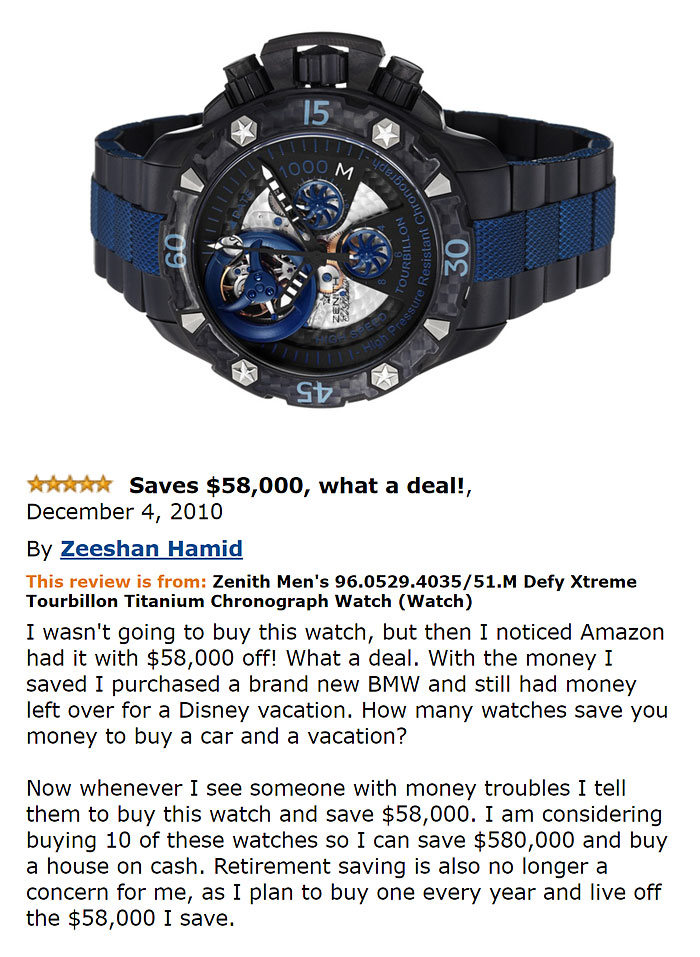 amazon reviews -  Watch - lydebon 7 000M Te Viii 1 Chronog 09 Pourbillon Resistant ch 30 Sigh Pressure 4 St Saves $58,000, what a deal!, By Zeeshan Hamid This review is from Zenith Men's 96.0529.403551.M Defy Xtreme Tourbillon Titanium Chronograph Watch W