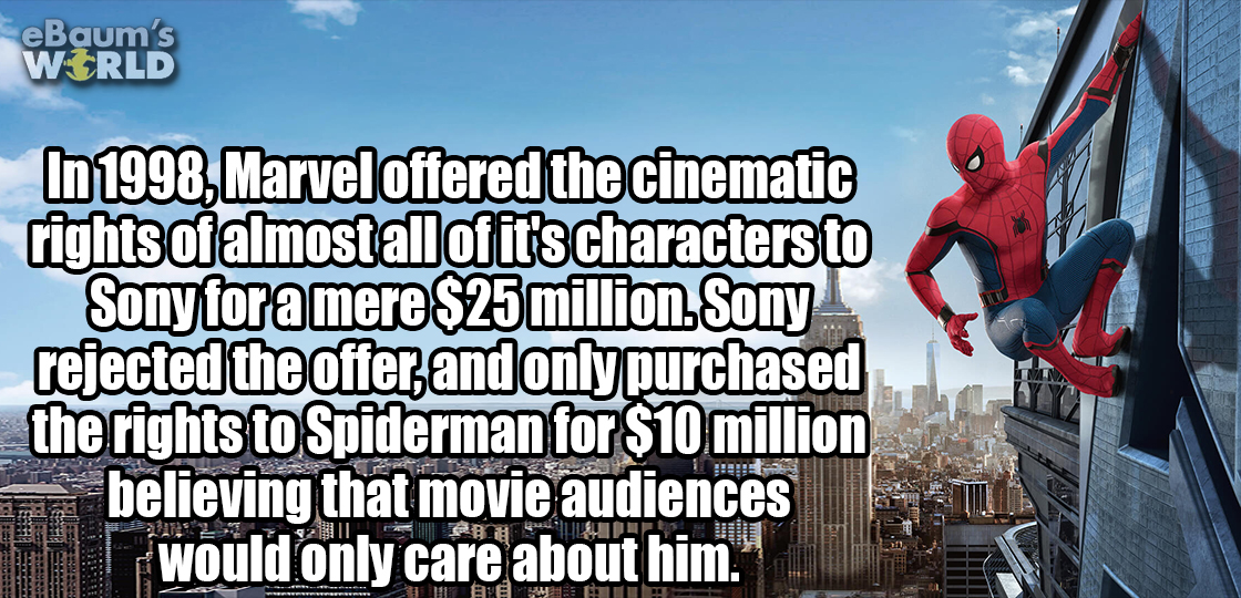 sorry it took so long - eBaum's World In 1998, Marvel offered the cinematic rights of almost all of it's characters to Sony for a mere $25 million. Sony rejected the offer and only purchased the rights to Spiderman for $10 million believing that movie aud