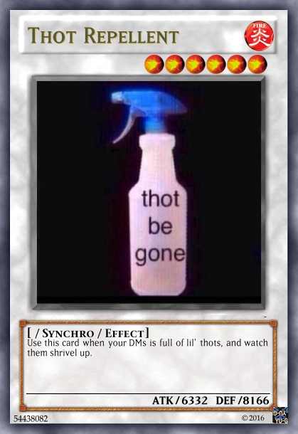 thot yugioh card - Thot Repellent Oooo thot be gone Synchro Effect Use this card when your DMs is full of lil thots, and watch them shrivel up Atk6332 Def 8166 2016 54438082