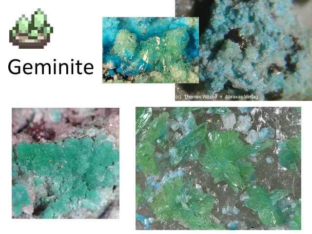 "Geminite - Occurs in brilliant clusters."