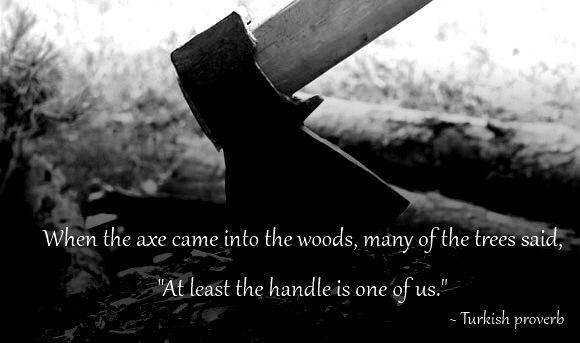 axe came into the forest - When the axe came into the woods, many of the trees said, "At least the handle is one of us." Turkish proverb