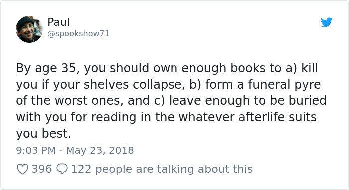 kevin hart racist tweet - Paul 71 By age 35, you should own enough books to a kill you if your shelves collapse, b form a funeral pyre of the worst ones, and c leave enough to be buried with you for reading in the whatever afterlife suits you best. 396 9