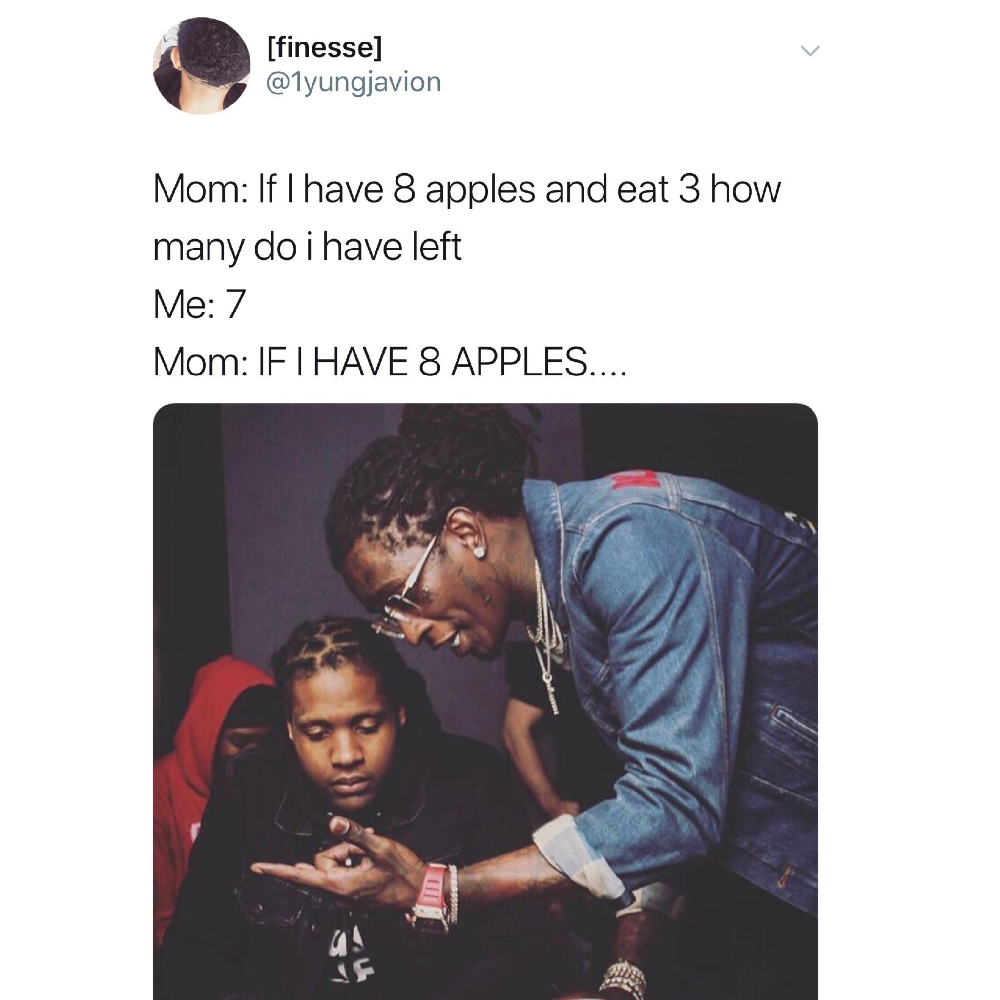 black moms helping with homework - finesse Mom If I have 8 apples and eat 3 how many do i have left Me 7 Mom If I Have 8 Apples....