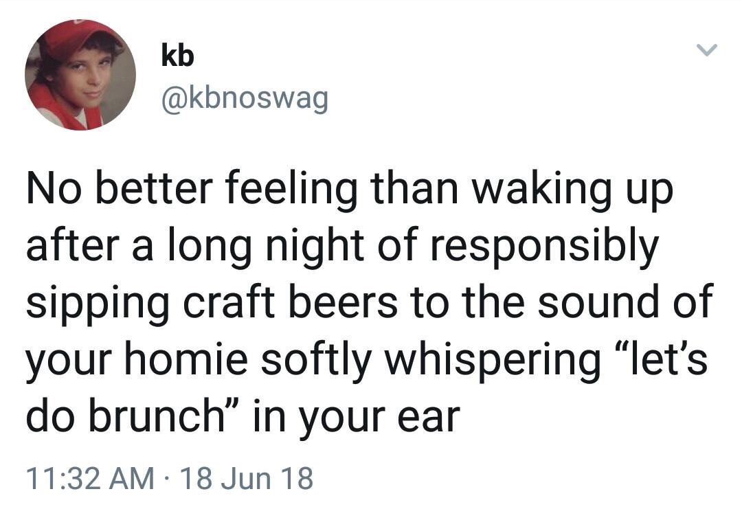 riley's farm tweets - kb No better feeling than waking up after a long night of responsibly sipping craft beers to the sound of your homie softly whispering "let's do brunch" in your ear 18 Jun 18