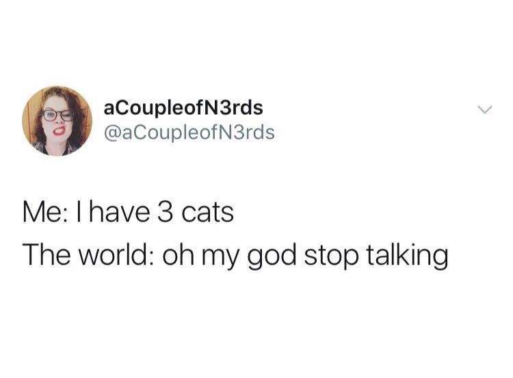 aCoupleofN3rds Me I have 3 cats The world oh my god stop talking