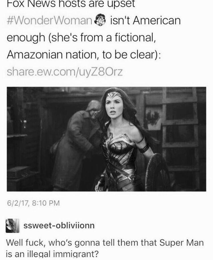 purgatory destiel - Fox News hosts are upset Woman isn't American enough she's from a fictional, Amazonian nation, to be clear .ew.comuyZ8Orz 6217, ssweetobliviionn Well fuck, who's gonna tell them that Super Man is an illegal immigrant?