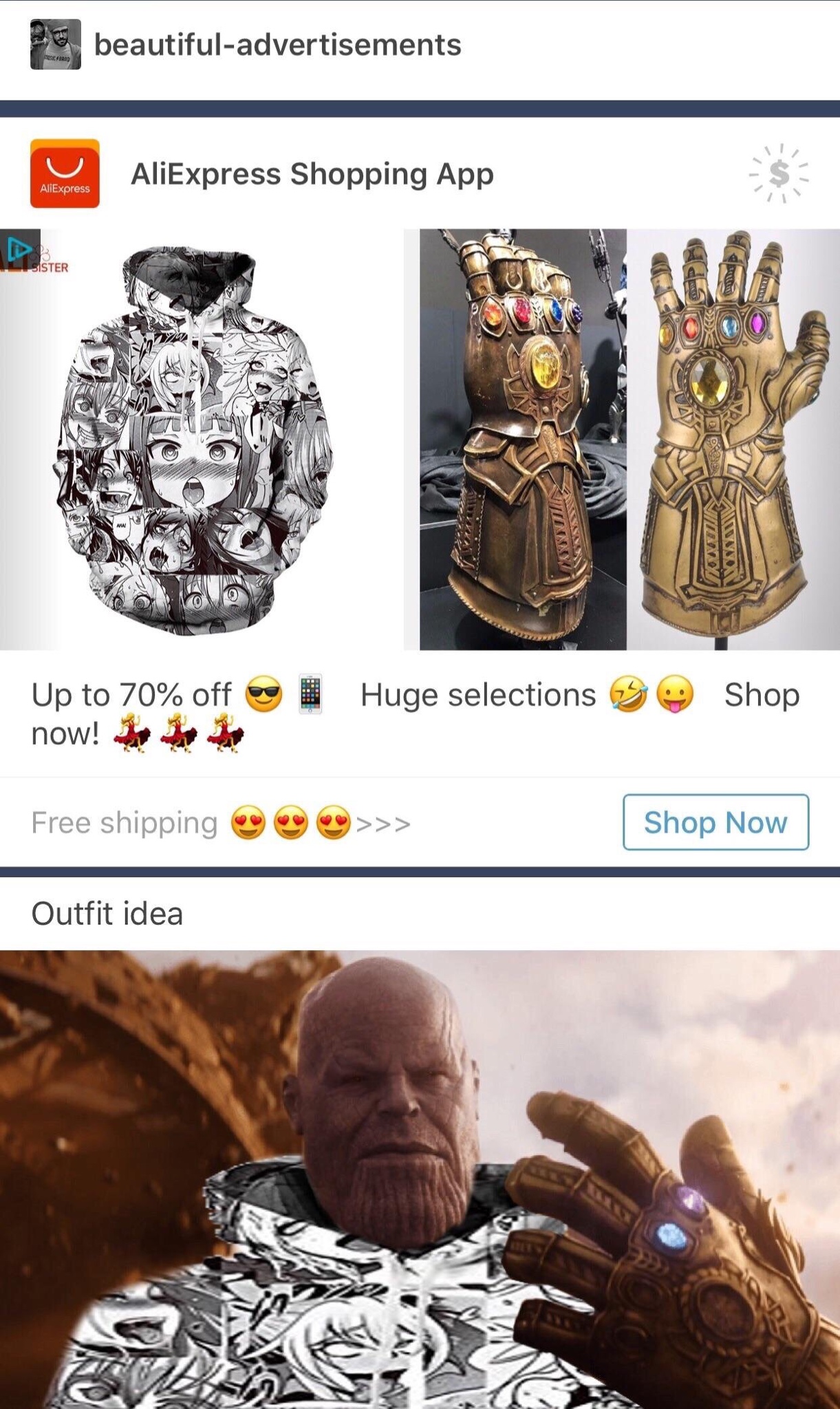 ahegao thanos - 3 beautifuladvertisements AliExpress Shopping App Up to 70% off now! Huge selections Shop Free shipping >>> Shop Now Outfit idea