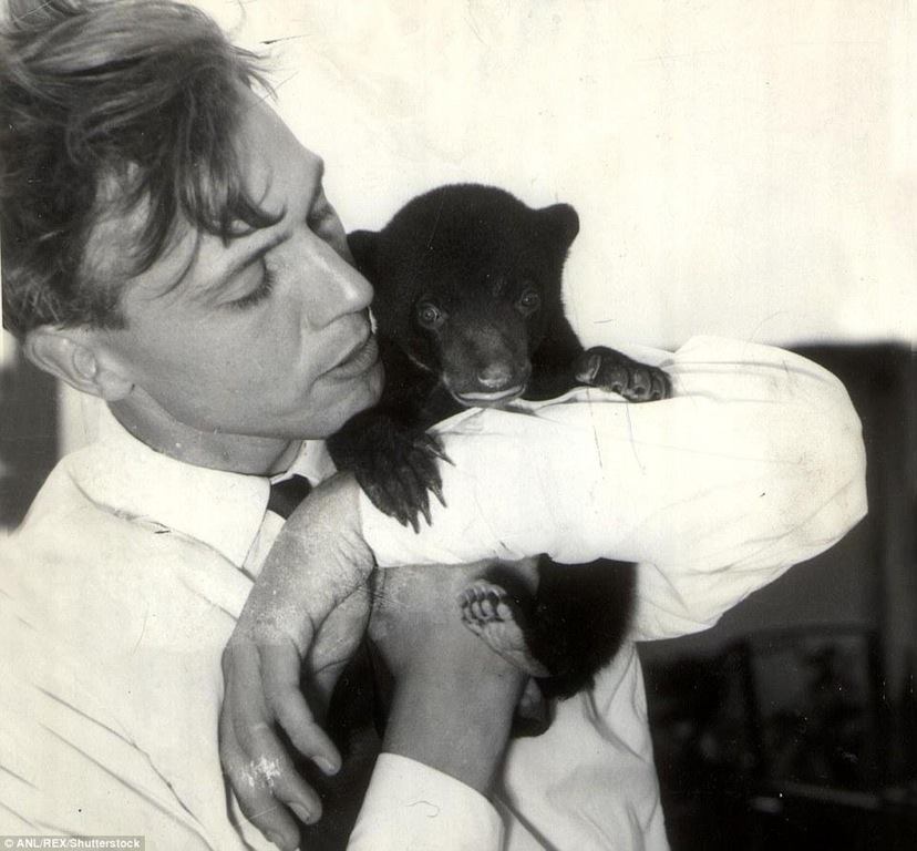 Sir David Attenborough cuddles a bear cub named Benjamin, 1956.