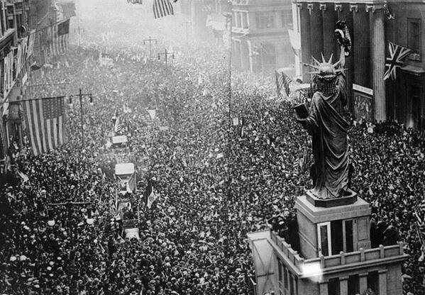 Thousands of people celebrate the end of the First World War on Broad Street, Philadelphia. November 11, 1918