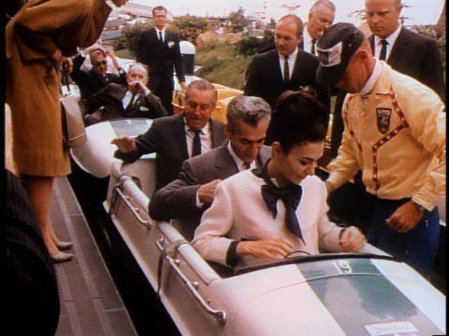 The Shah and Queen of Iran sharing a ride with Walt Disney during a visit to Disneyland, 1962.