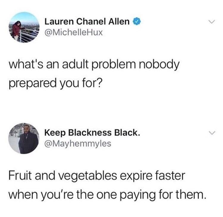 tweet - diagram - Lauren Chanel Allen Hux what's an adult problem nobody prepared you for? Keep Blackness Black. Fruit and vegetables expire faster when you're the one paying for them.