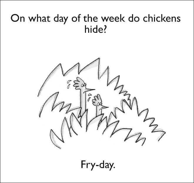 dad jokes -day of the week do chickens hide - On what day of the week do chickens hide? Mimmi Fryday.