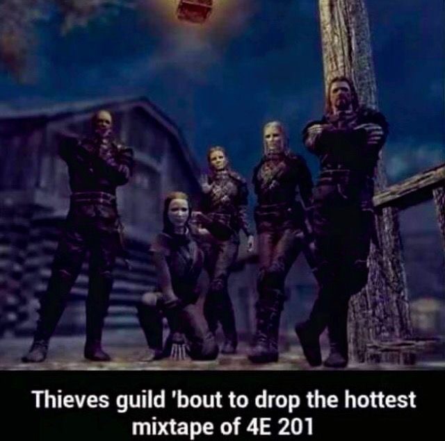 video games group pose - Thieves guild 'bout to drop the hottest mixtape of 4E 201