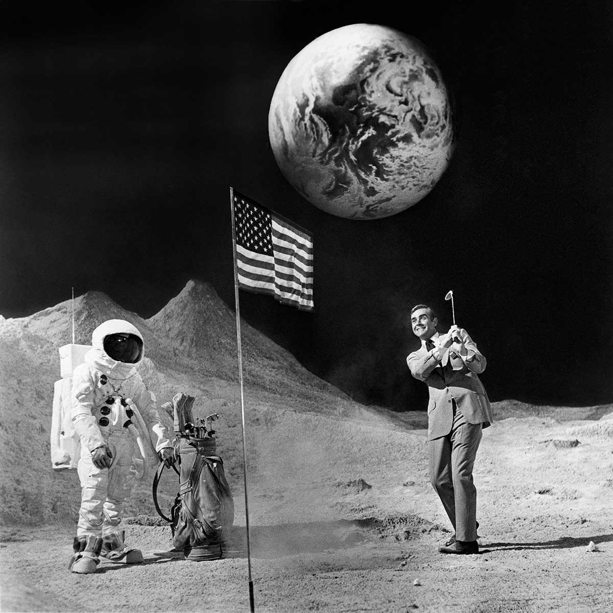 Sean Connery playing golf in between shooting the moon landing scene in Diamonds Are Forever in 1971.