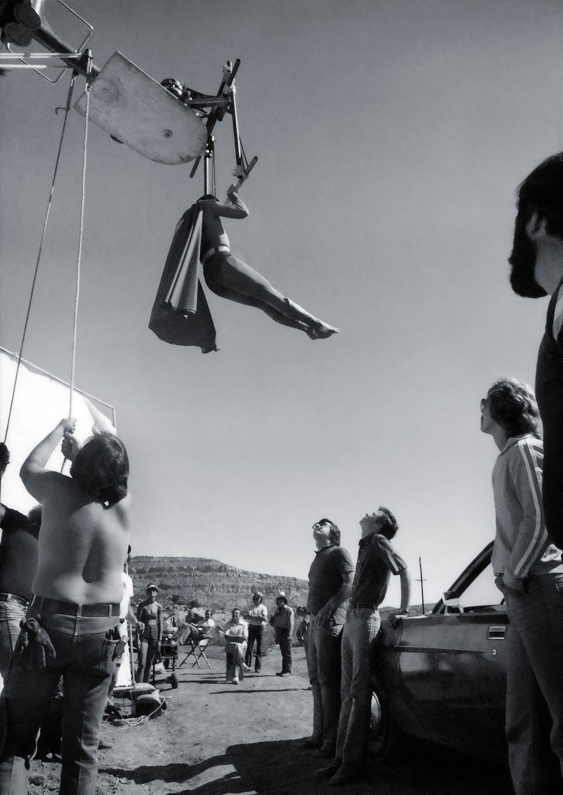 Christopher Reeves being hoisted up for a scene in Superman in 1978. He did most of his own stunts.