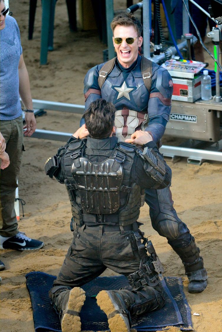 Chris Evans and Frank Grillo have a laugh while filming a scene for Captain America: Civil War in 2016.
