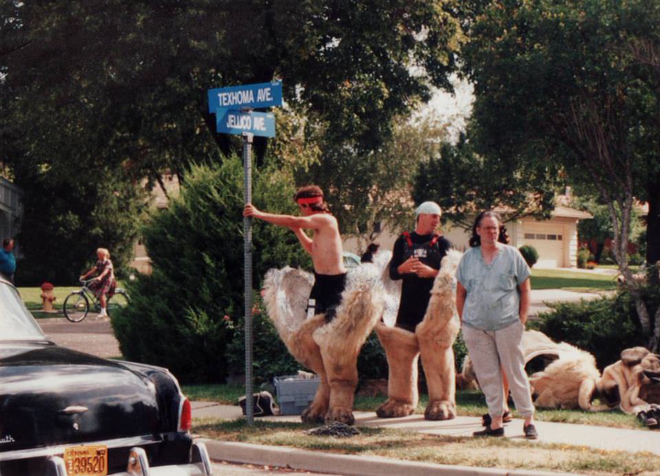 The special effects crew preparing to put on the giant dog costume for a scene in The Sandlot in 1993.