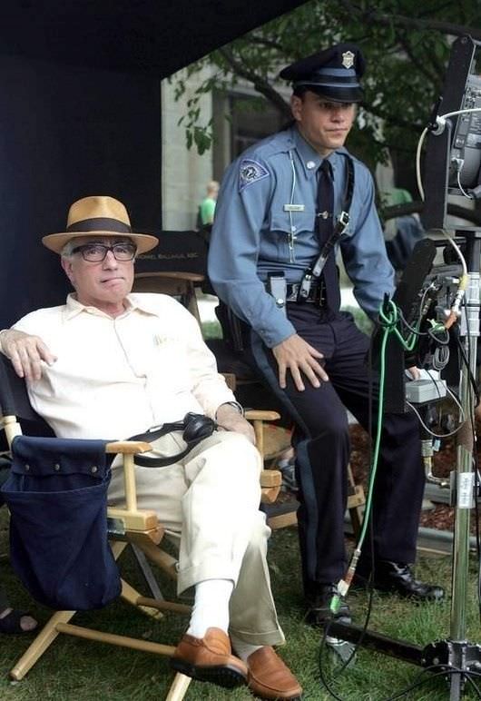 Martin Scorsese and Matt Damon take a break between filming of The Departed in 2006.